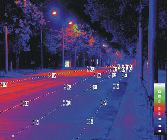 Falschfarbendarstellung einer Leuchtdichtemessung im Verkehrsbereich